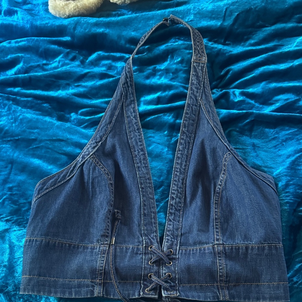 Pilcro Navy Smocked Top with Burgundy Size Tag